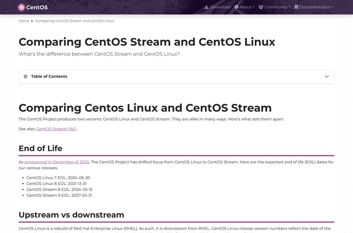 CentOS page comparing CentOS Linux with the Stream release model