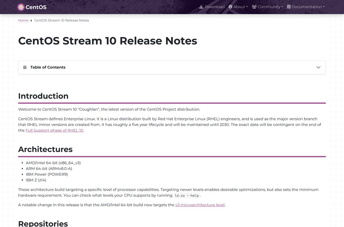 CentOS Stream 10 release page listing architectures and kernel