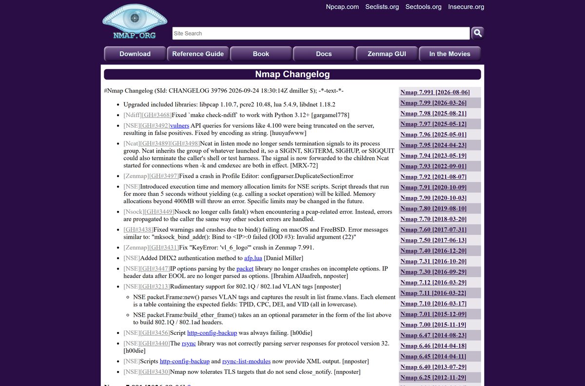 Nmap change log with the newest release notes at the top