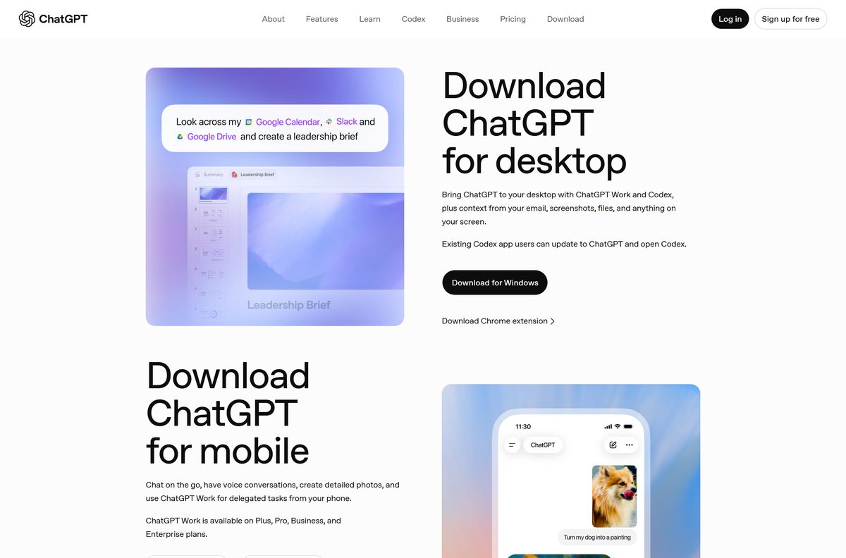 OpenAI download page with Windows, mobile and Chrome extension buttons