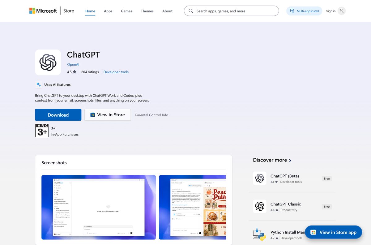 Microsoft Store listing for ChatGPT with publisher and Get button
