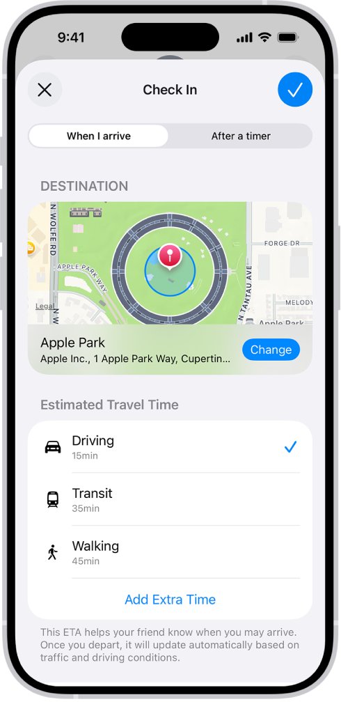 Check In screen with destination map and estimated travel times