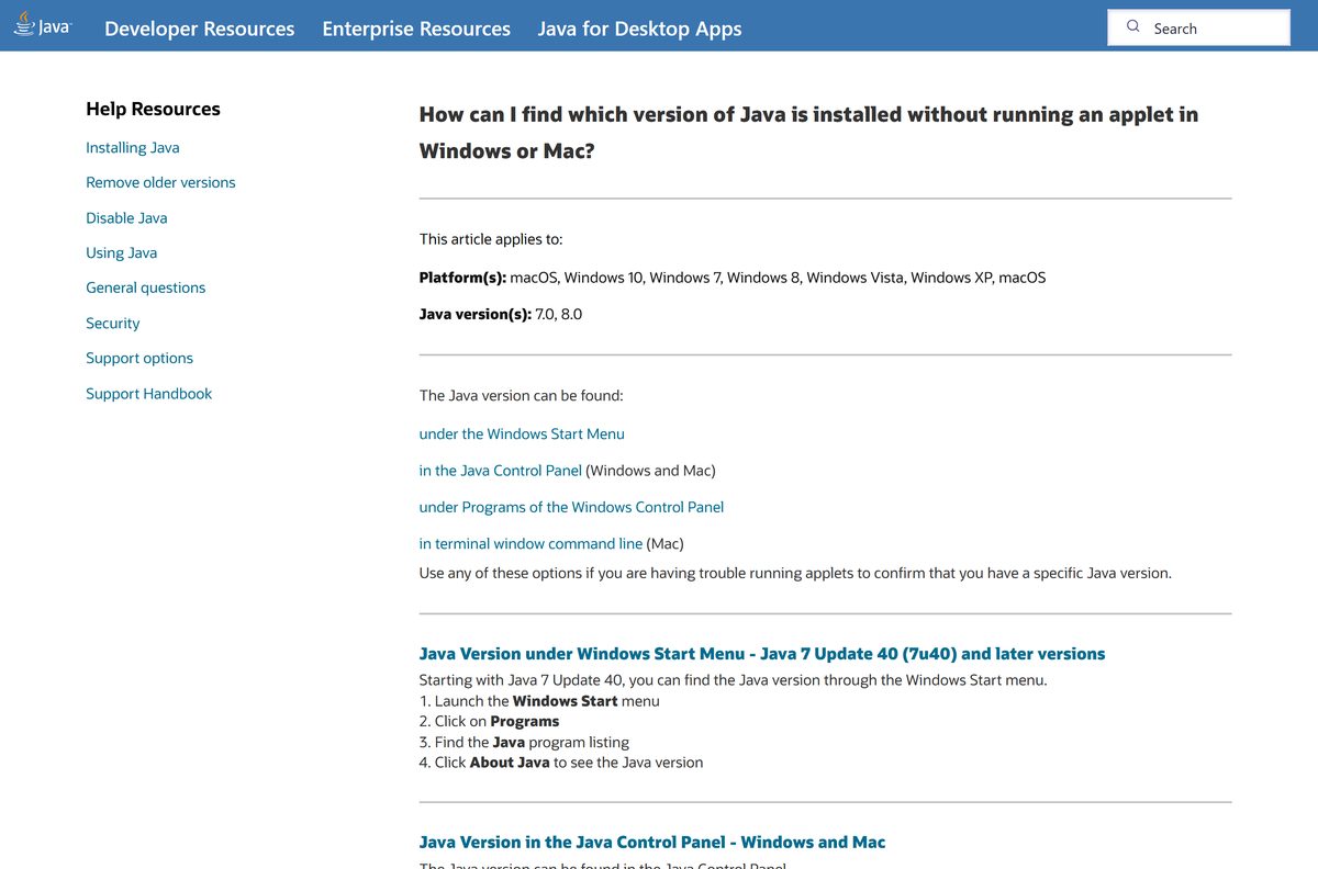 Help page showing where to find the installed Java version