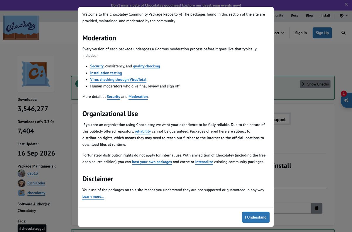Chocolatey GUI package page with its install command