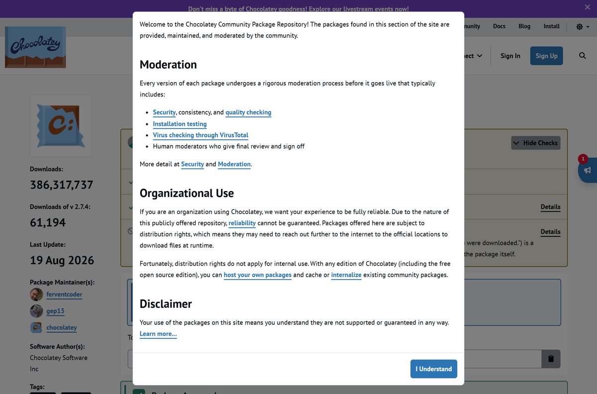 Chocolatey package page with version, downloads and moderation status