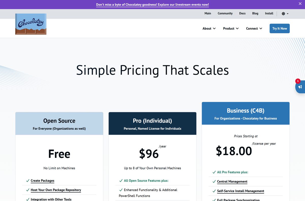 Chocolatey pricing page comparing Open Source, Pro and Business