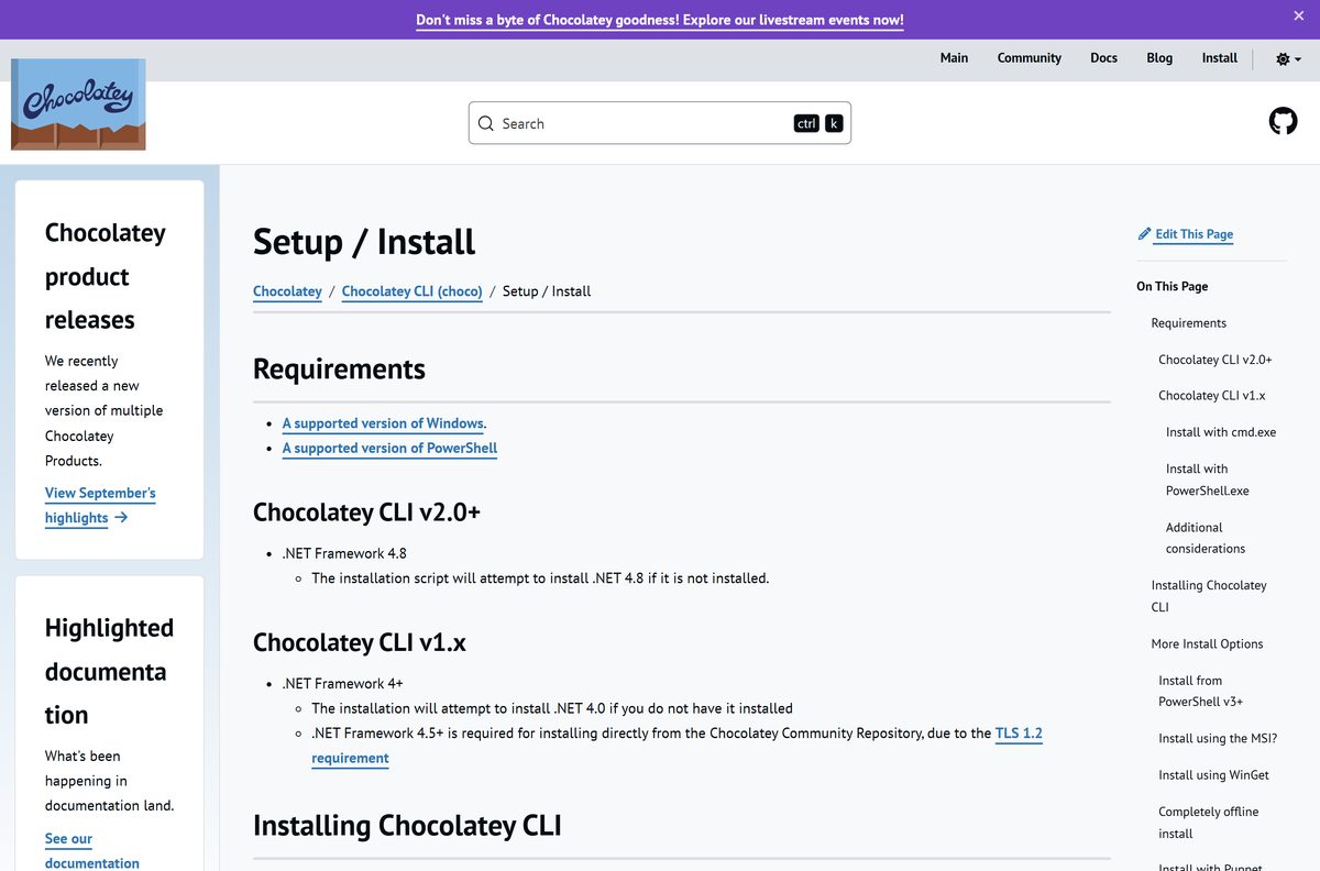 Chocolatey setup documentation showing the PowerShell install command