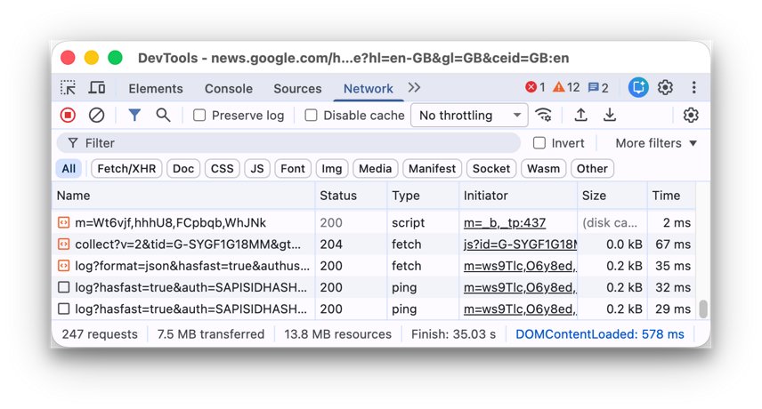 Chrome DevTools Network panel listing requests with status codes