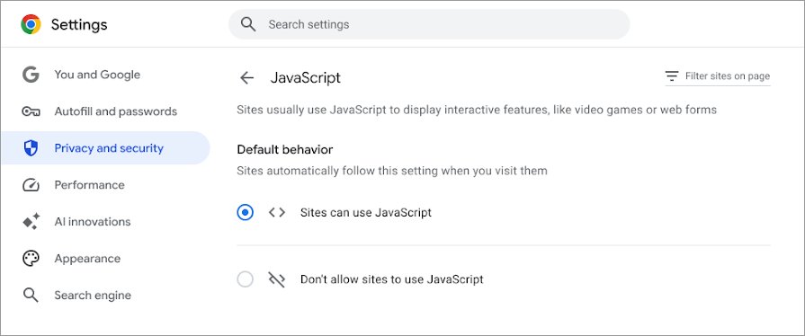 Chrome Site settings JavaScript page with Sites can use JavaScript selected
