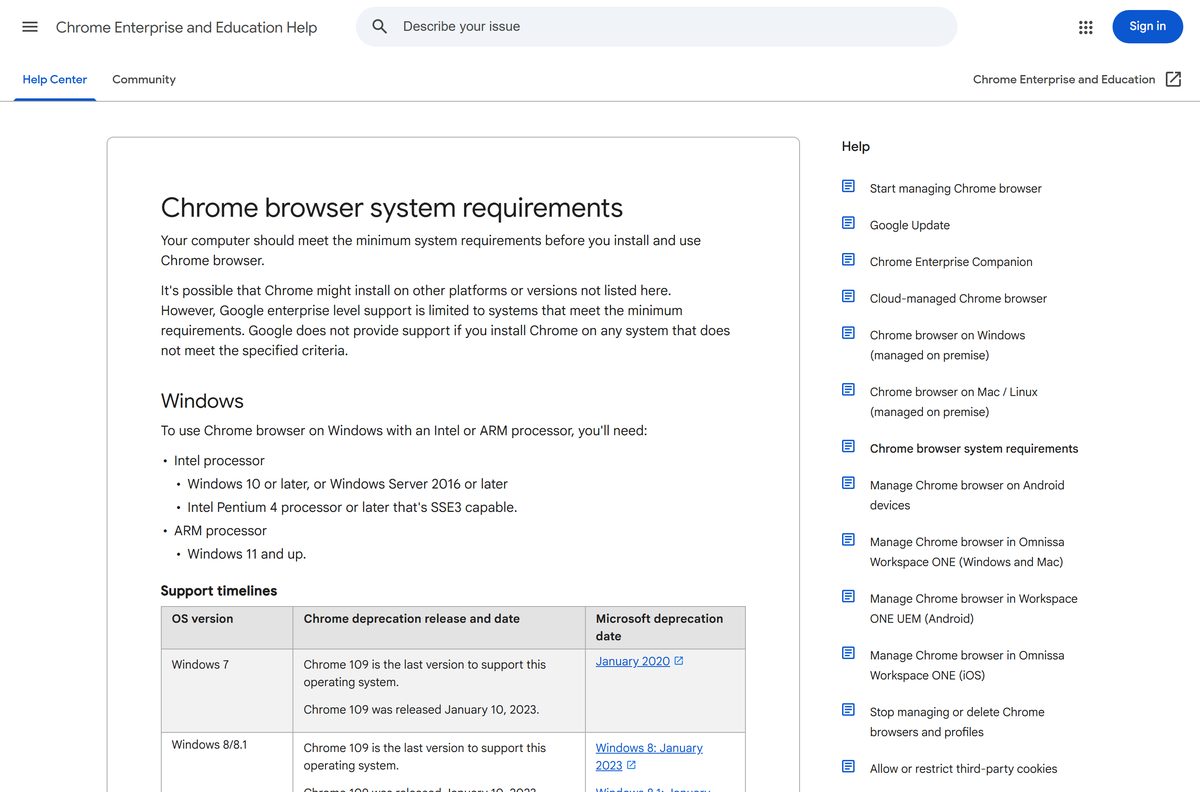 Google help page listing browser system requirements for Chromium-based Chrome