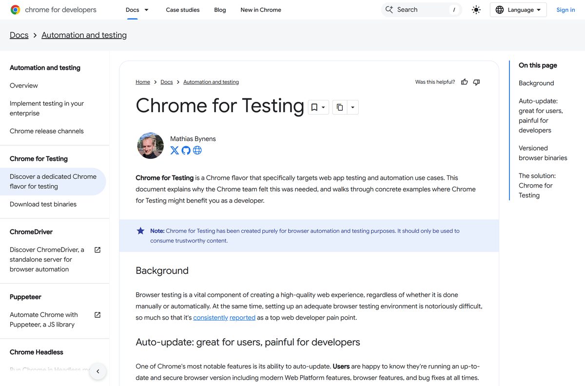 Chrome for Testing documentation comparing it with Chromium builds