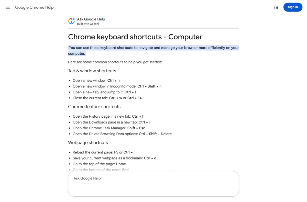 Chrome keyboard shortcuts list showing the close-tab shortcut