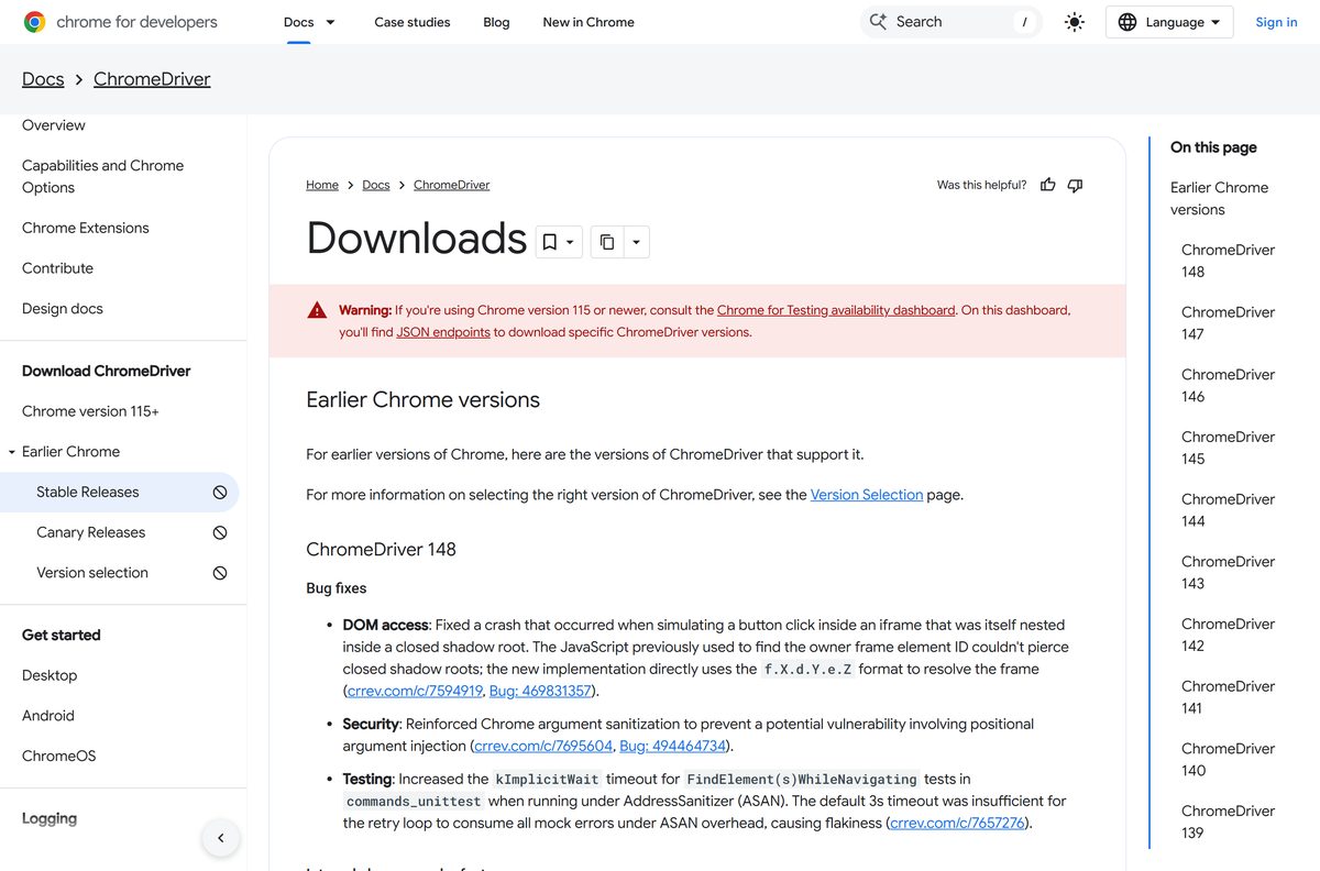 ChromeDriver downloads page pointing to the Chrome for Testing dashboard