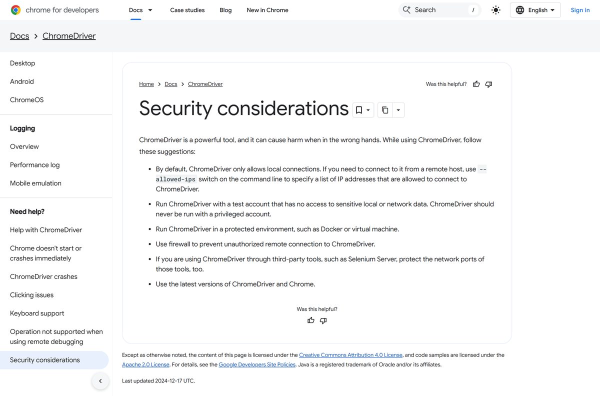 ChromeDriver security considerations for remote connections and test accounts
