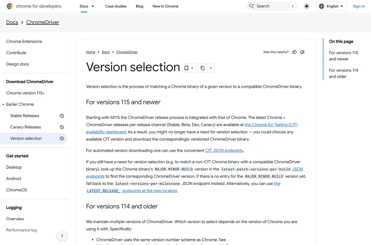 Version selection guide for matching ChromeDriver to a Chrome build