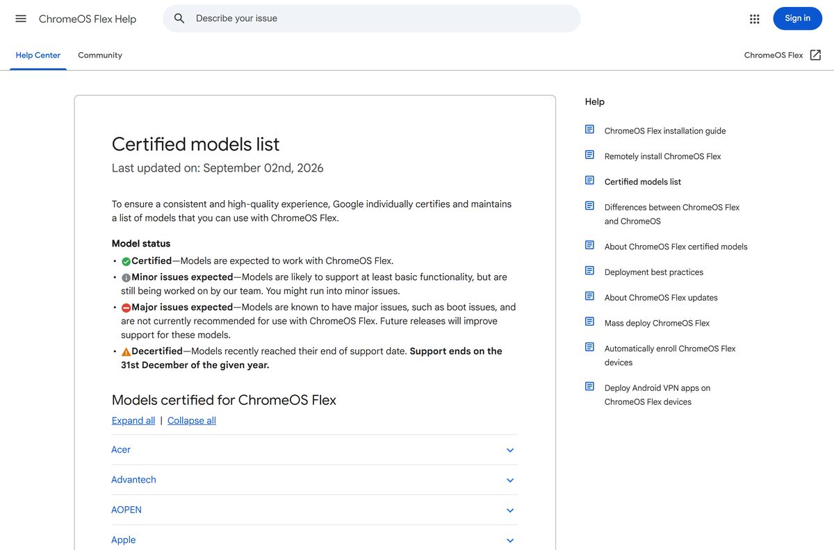 Certified models list for ChromeOS Flex with support status