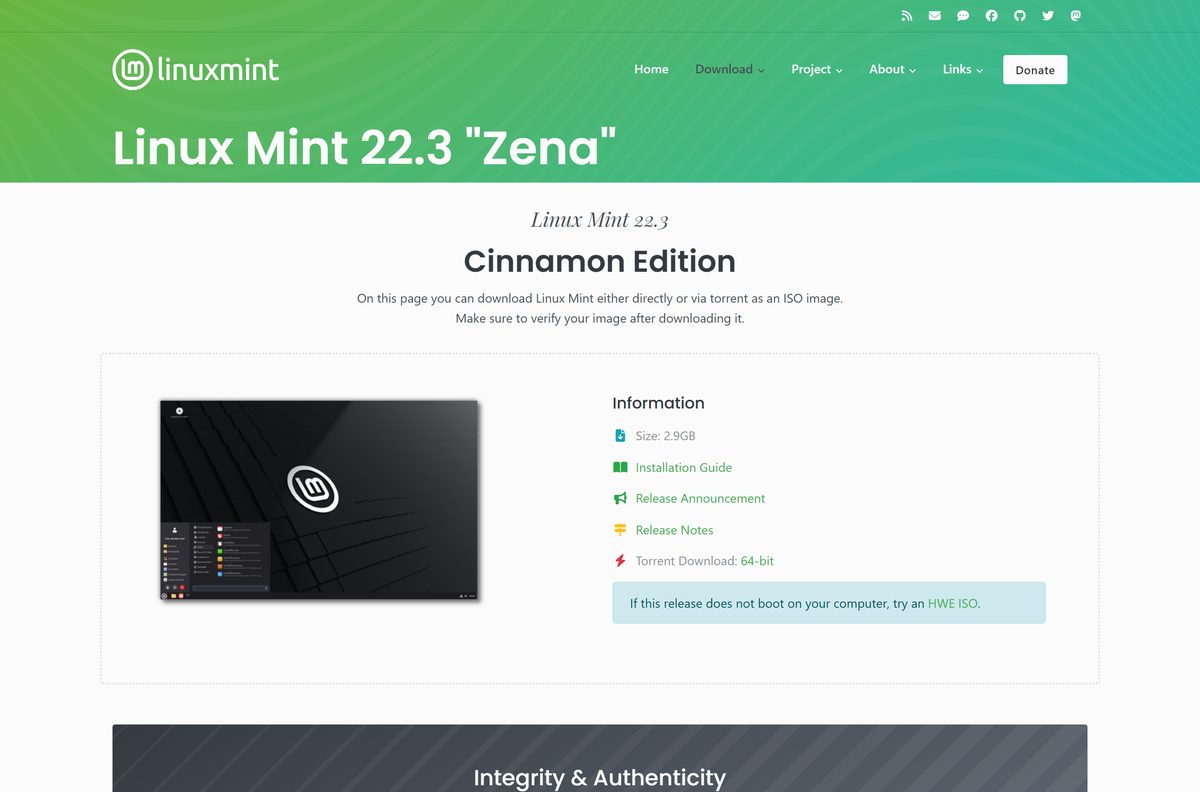 Linux Mint Cinnamon edition page with size and checksum buttons