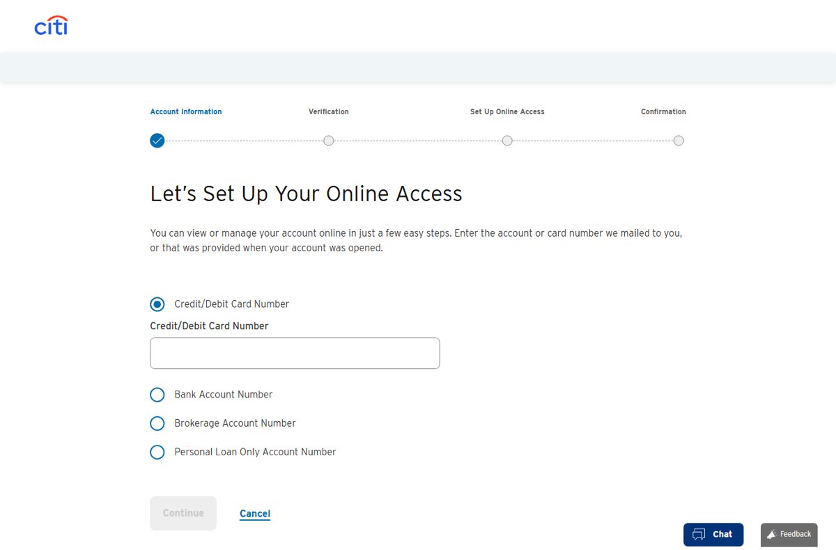 Citi online access setup screen listing Bank Account Number as one option