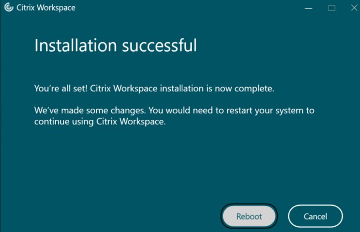 Citrix Workspace installer showing Installation successful with a Reboot button