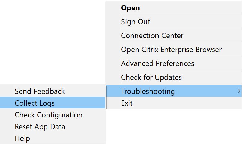 Citrix Workspace notification-area menu with Troubleshooting and Collect Logs open