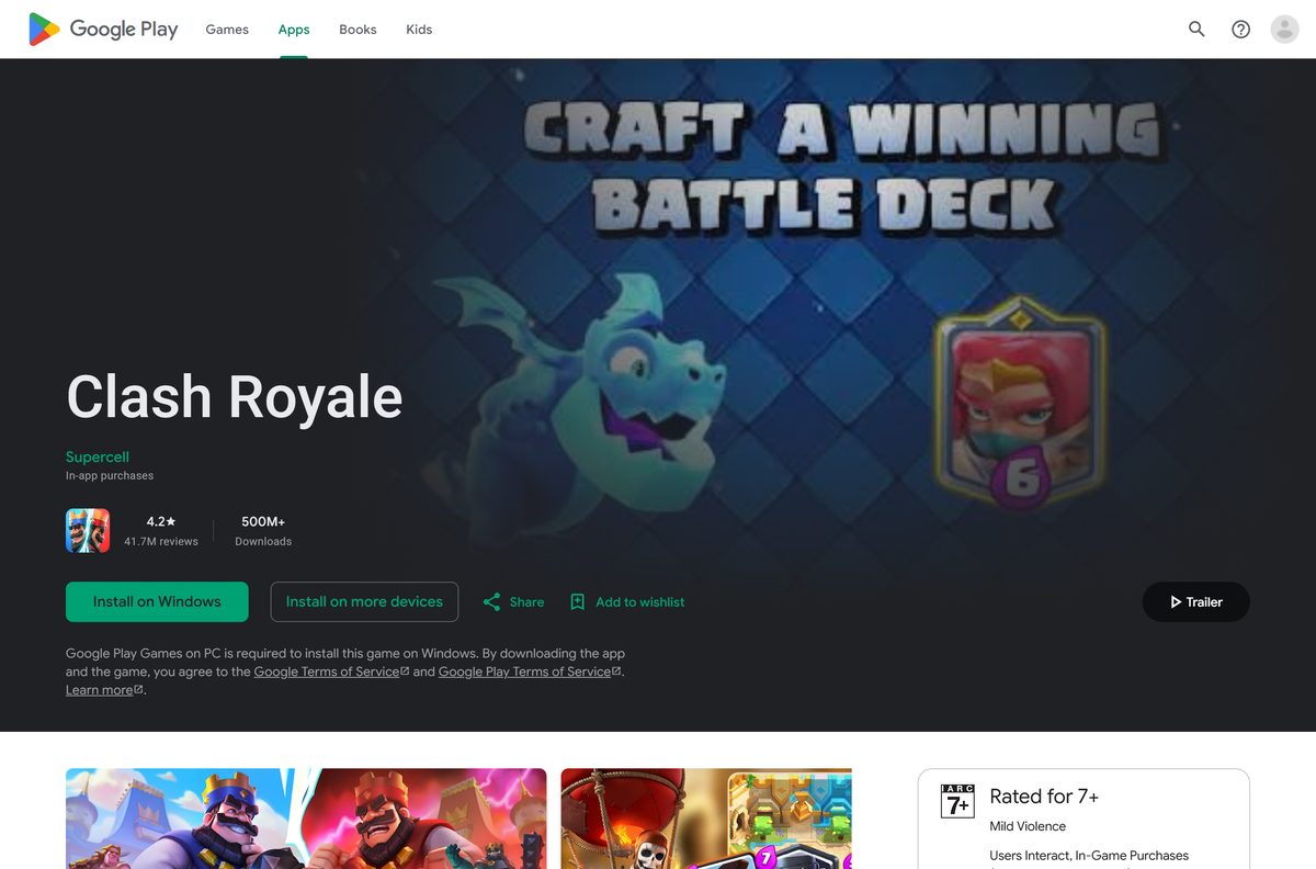 Google Play listing for Clash Royale with its Install button