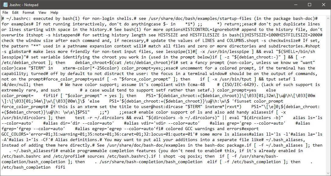 Classic Notepad showing a text file with no visible line breaks
