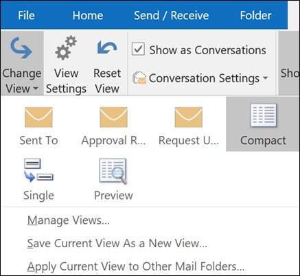 Classic Outlook View tab with the Change View menu open