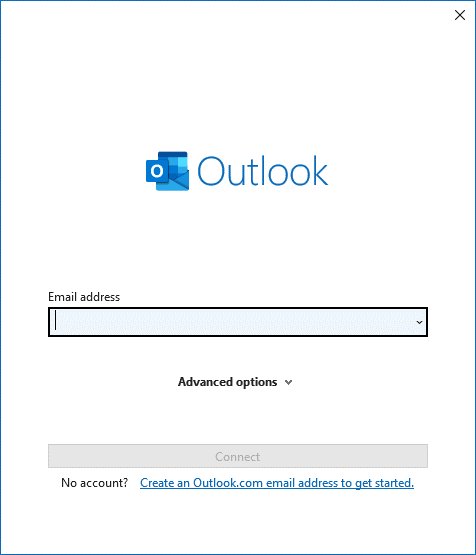 Classic Outlook connect screen with an empty email address field