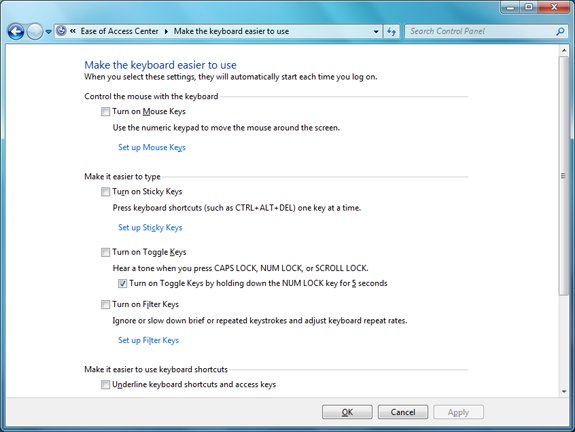 Classic Windows Ease of Access Center page with Sticky Keys and Toggle Keys checkboxes