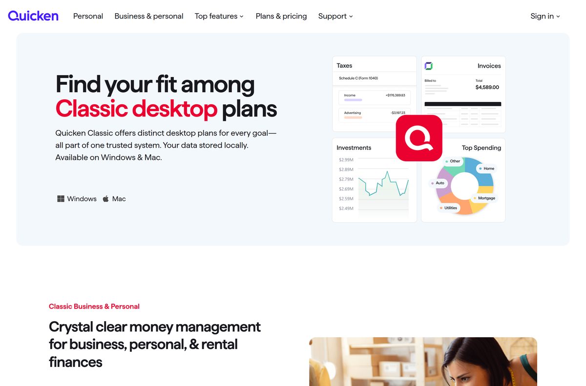 Quicken pricing page comparing three desktop plans and their monthly rates