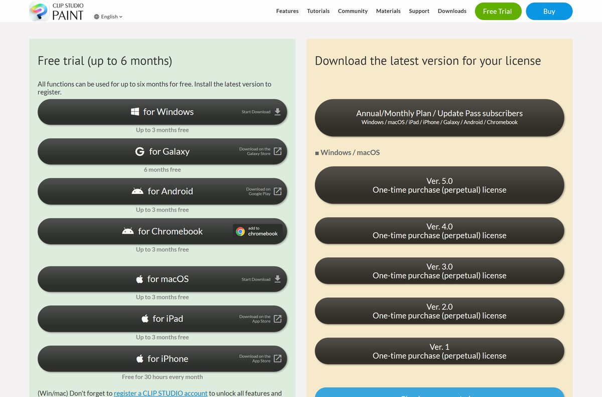 Downloads page with trial buttons for Windows, macOS, iPad and Android