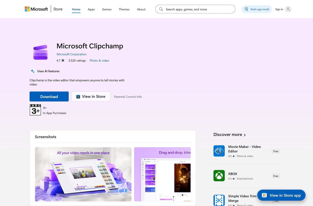 Microsoft Store listing for Clipchamp with its publisher and rating