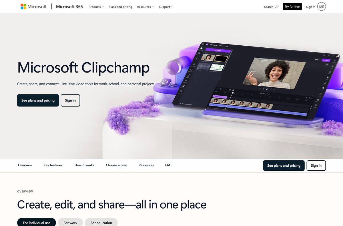 Microsoft 365 page showing Clipchamp plans and pricing tiers