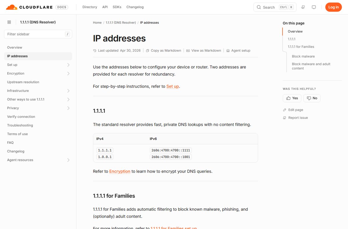 Cloudflare's 1.1.1.1 documentation page listing its DNS resolver IP addresses