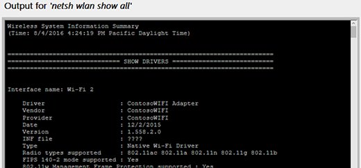 Command Prompt output listing Wi-Fi driver name, version and supported radio types