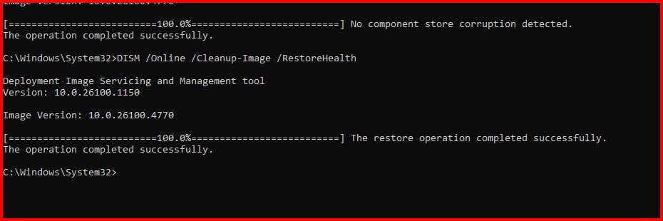 Command Prompt showing DISM RestoreHealth finishing at 100 percent successfully