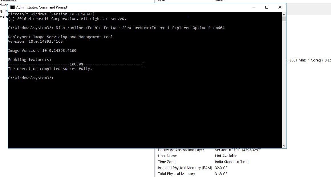 Command Prompt showing a completed DISM Enable-Feature operation for Internet Explorer