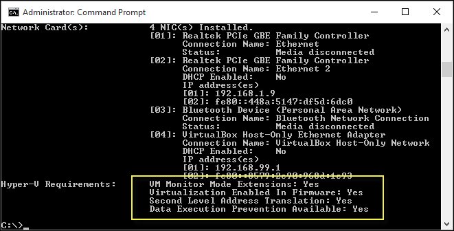 Command Prompt systeminfo output listing Hyper-V Requirements with Yes values