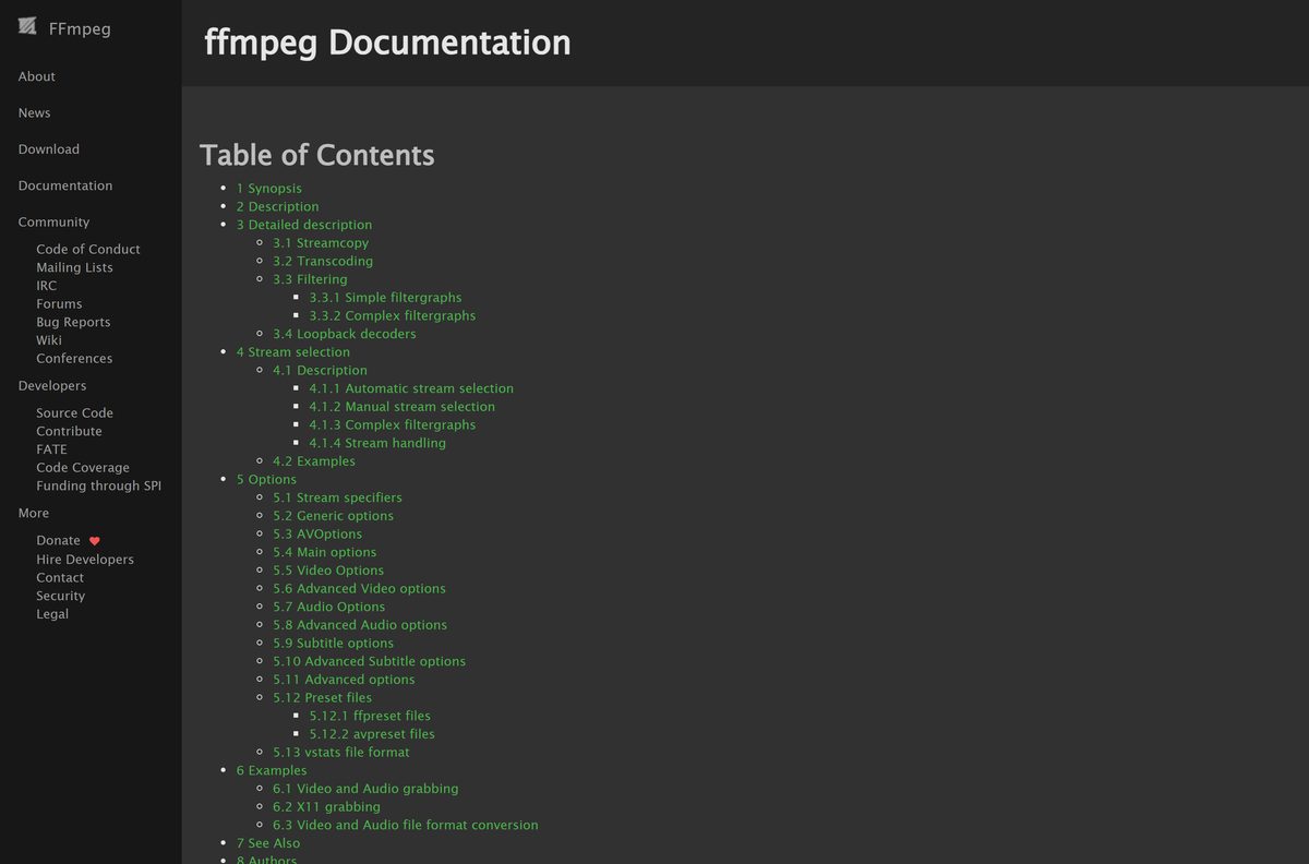 FFmpeg command documentation showing synopsis and options