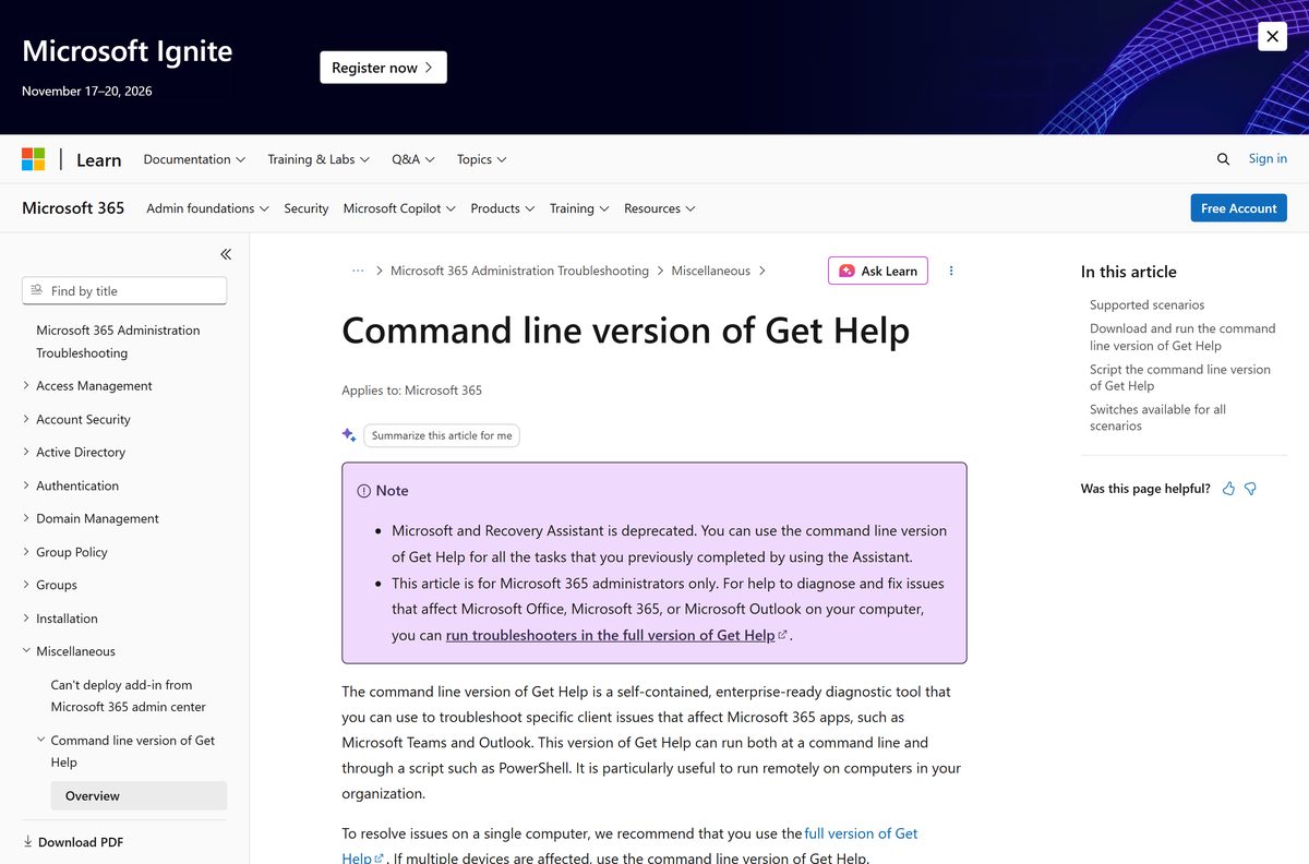 Microsoft Learn page for the command line version of Get Help