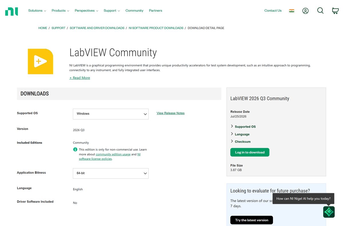 Community edition download page on the NI support site