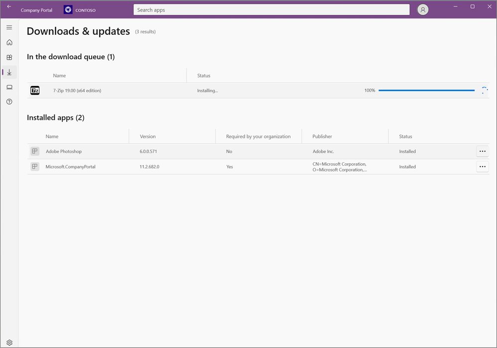Company Portal Downloads & updates page showing an app installing