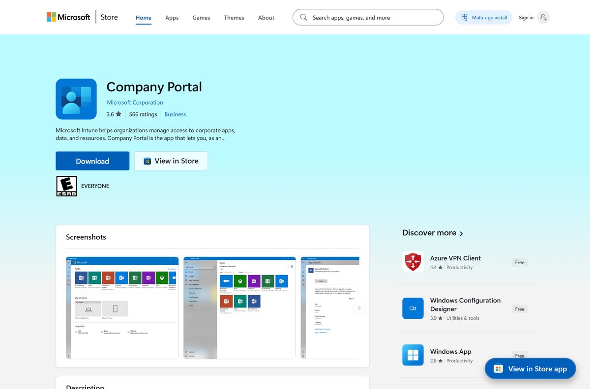 Microsoft Store listing for Company Portal with its price and rating