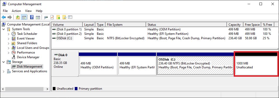 Computer Management Disk Management showing 1000 MB of unallocated space