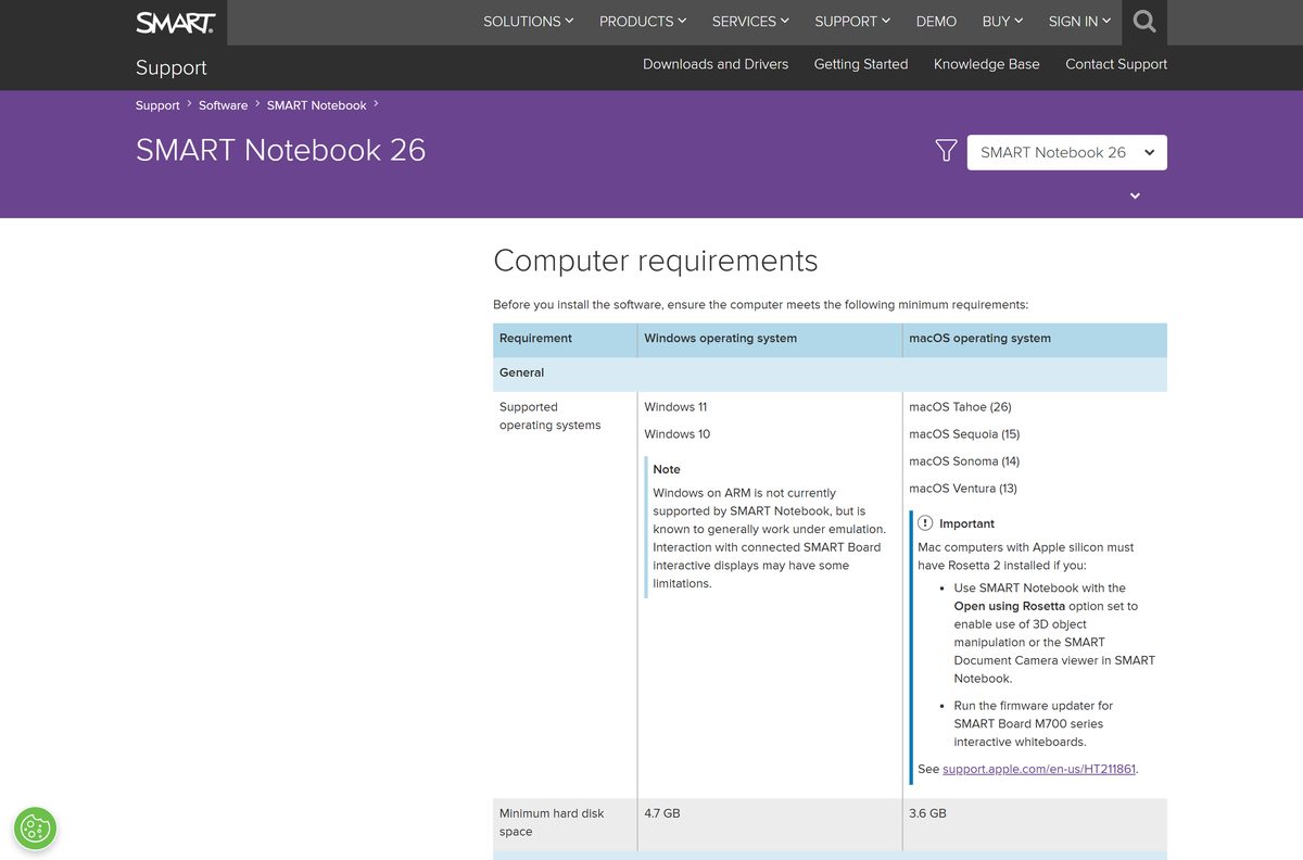 SMART Support page with Windows and macOS computer requirements for Notebook