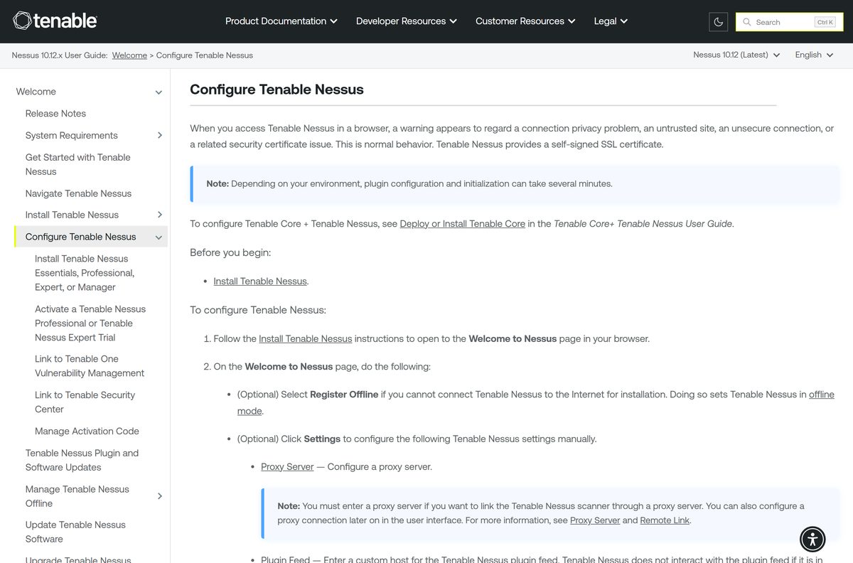Tenable Nessus configuration guide explaining the browser certificate warning