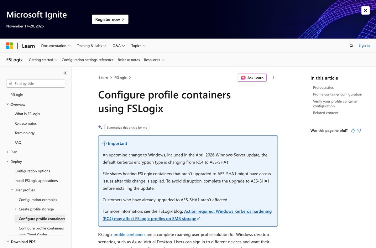 Tutorial table of registry values that switch on a profile container