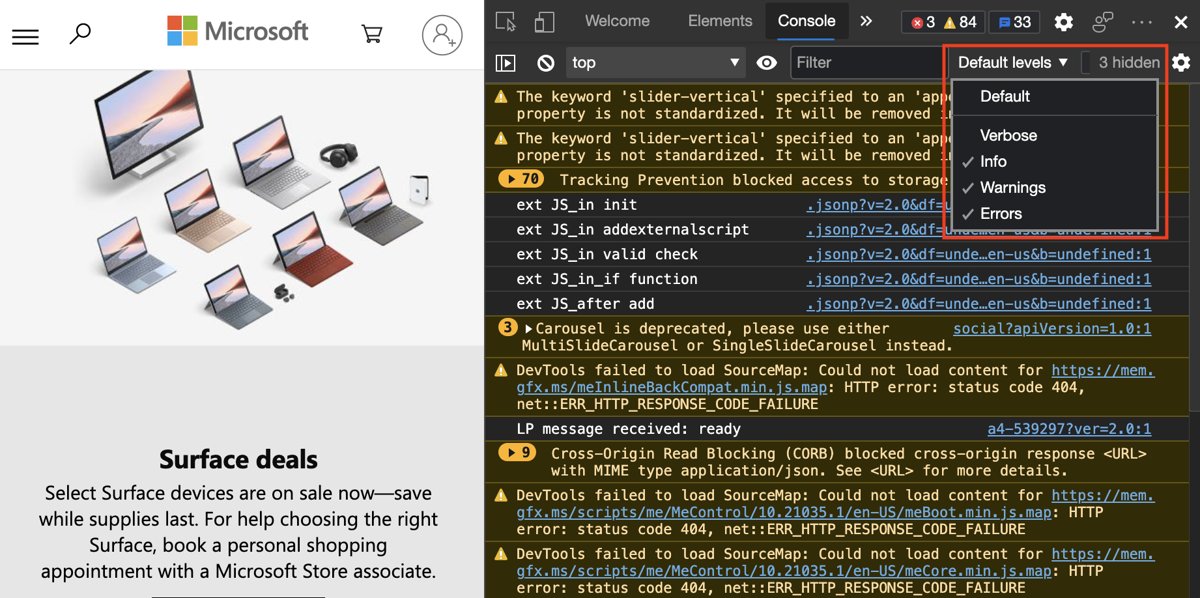 Console Log Levels dropdown listing Verbose, Info, Warnings and Errors options