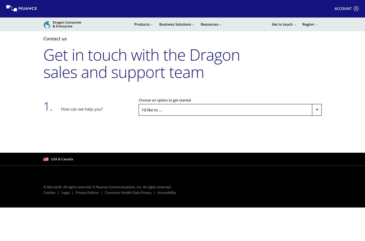 Nuance contact page with options to place an order or get help