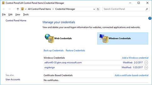 Control Panel Credential Manager window with Web and Windows Credentials tabs